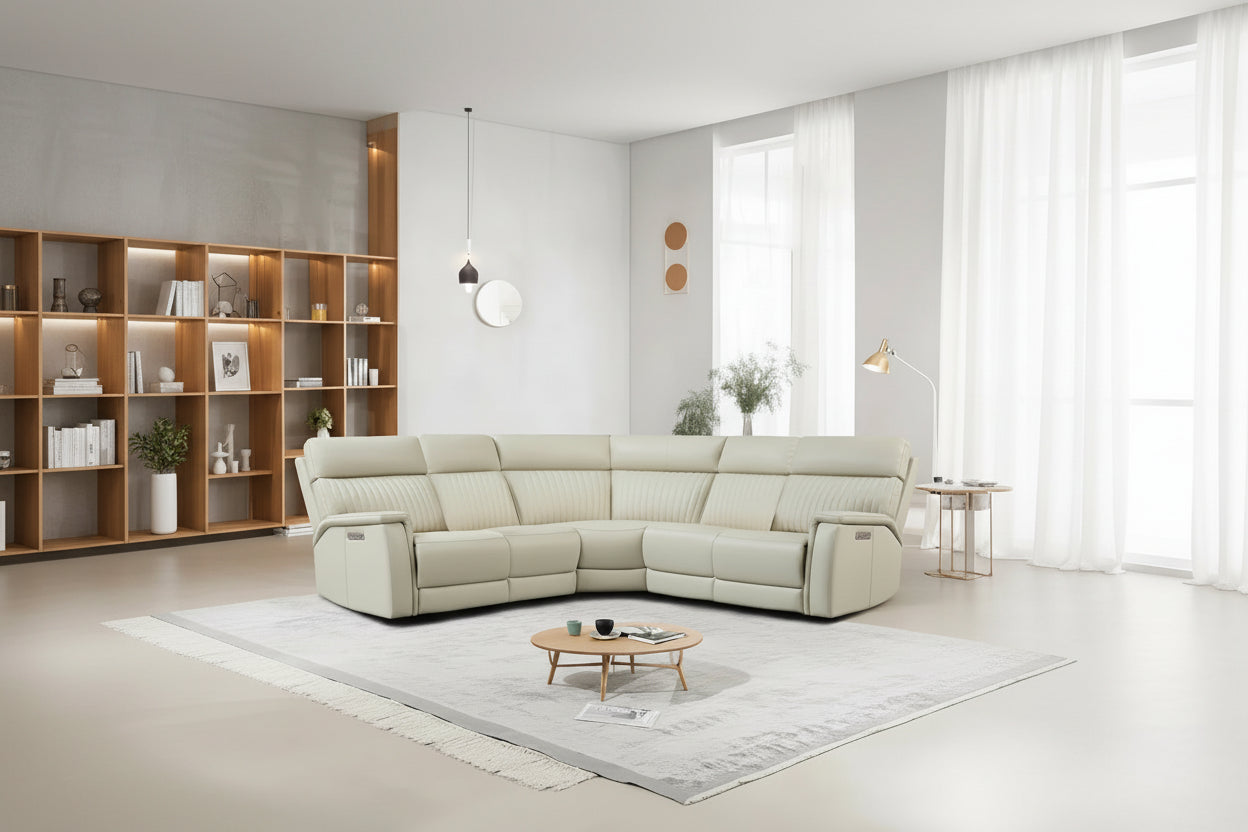 Genuine Leather Power Recliner Sectional with Power Ajustable Headrest and Lumbar, Zero Gravity, 2StationaryArmlesschairs