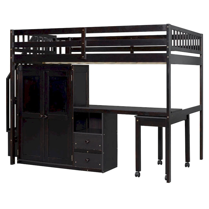 Letto a soppalco matrimoniale con scale, scrivania integrata e contenitore 5-in-1