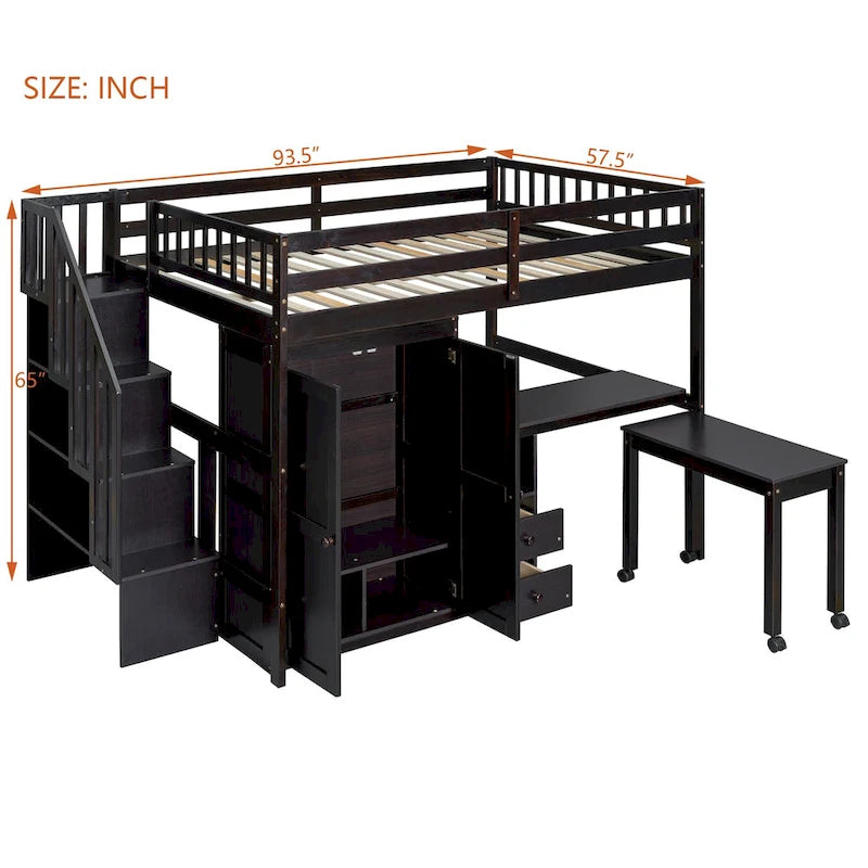 Letto a soppalco matrimoniale con scale, scrivania integrata e contenitore 5-in-1