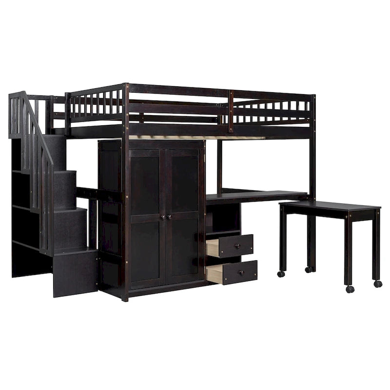 Letto a soppalco matrimoniale con scale, scrivania integrata e contenitore 5-in-1