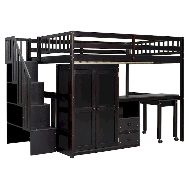 Letto a soppalco matrimoniale con scale, scrivania integrata e contenitore 5-in-1