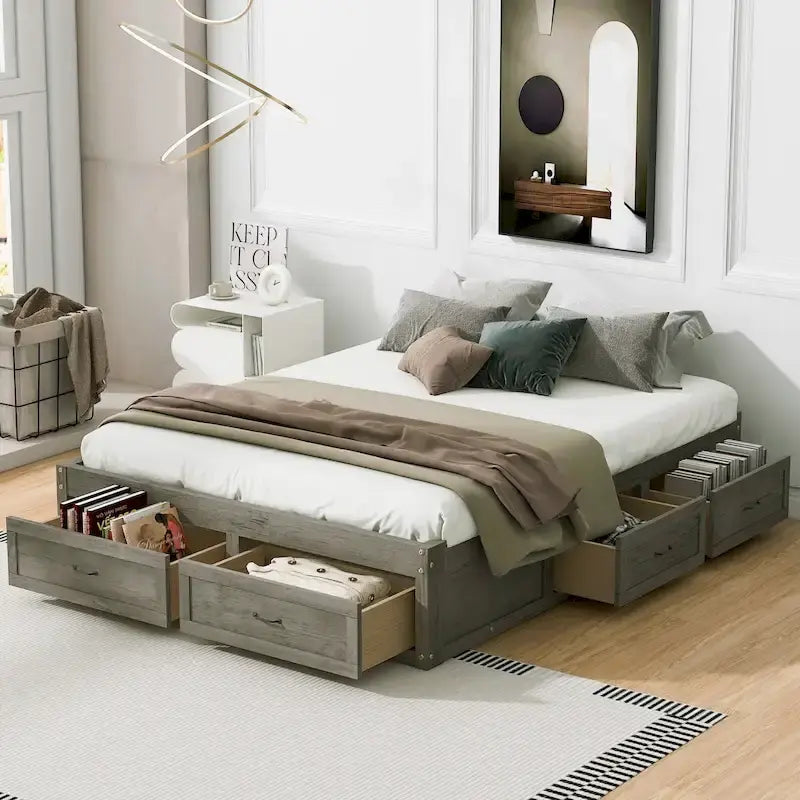 Letto a piattaforma Queen Size con 6 cassetti, bianco anticato