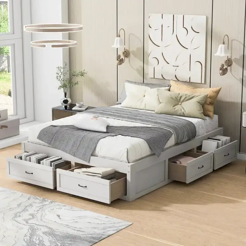 Letto a piattaforma Queen Size con 6 cassetti, bianco anticato