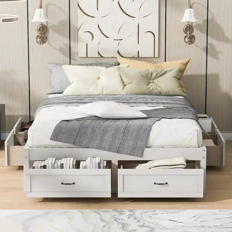 Letto a piattaforma Queen Size con 6 cassetti, bianco anticato