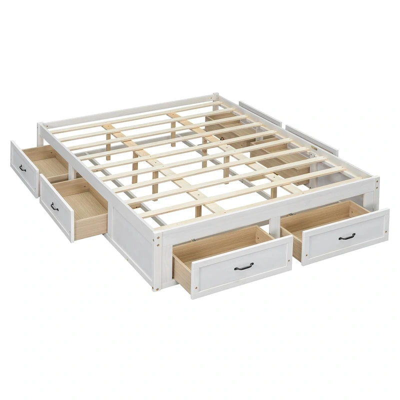 Letto a piattaforma Queen Size con 6 cassetti, bianco anticato