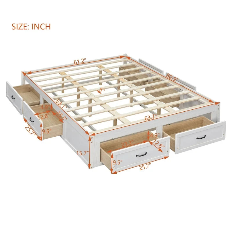 Letto a piattaforma Queen Size con 6 cassetti, bianco anticato