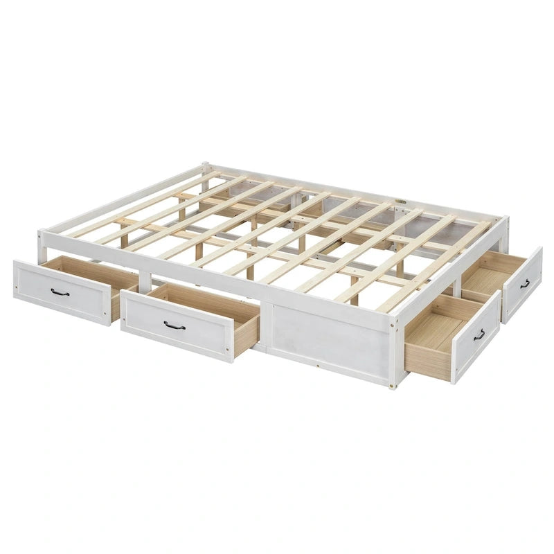Letto a piattaforma Queen Size con 6 cassetti, bianco anticato