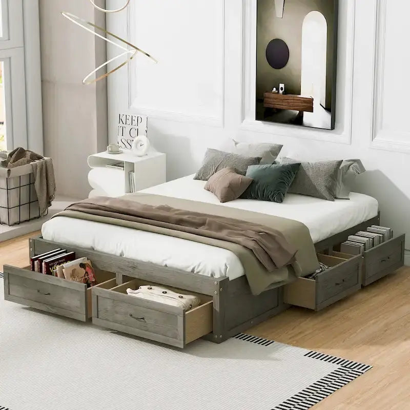 Letto a piattaforma Queen Size con 6 cassetti, bianco anticato