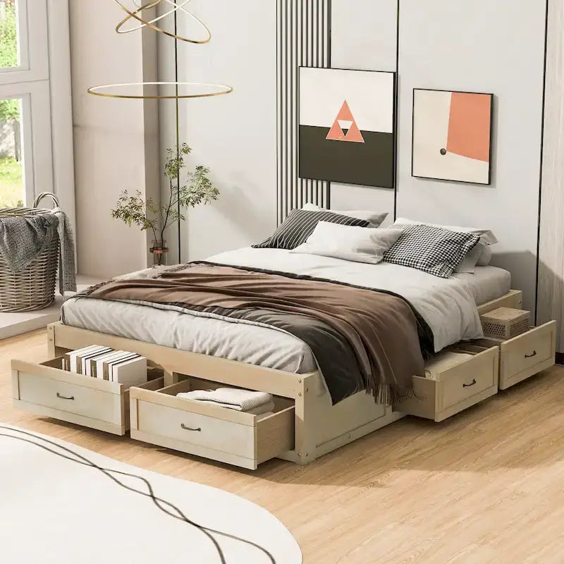 Letto a piattaforma Queen Size con 6 cassetti, bianco anticato