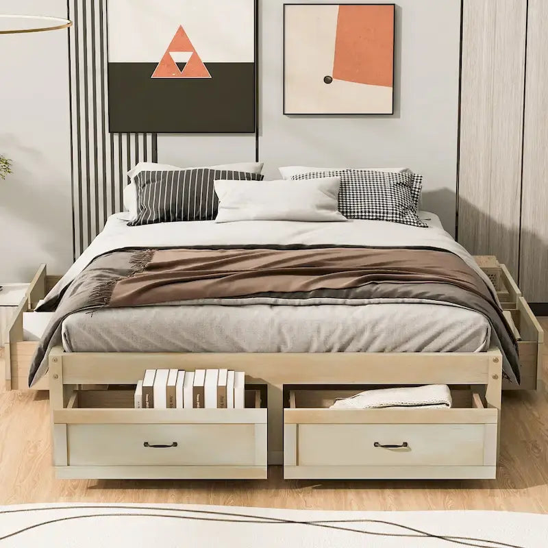 Letto a piattaforma Queen Size con 6 cassetti, bianco anticato