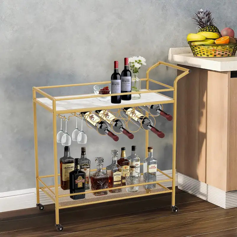 Carrello Bar Oro con Ruote, Carrello Portabevande su Ruote con Portabottiglie e Portabicchiere