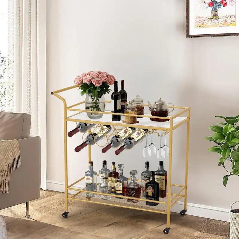 Carrello Bar Oro con Ruote, Carrello Portabevande su Ruote con Portabottiglie e Portabicchiere