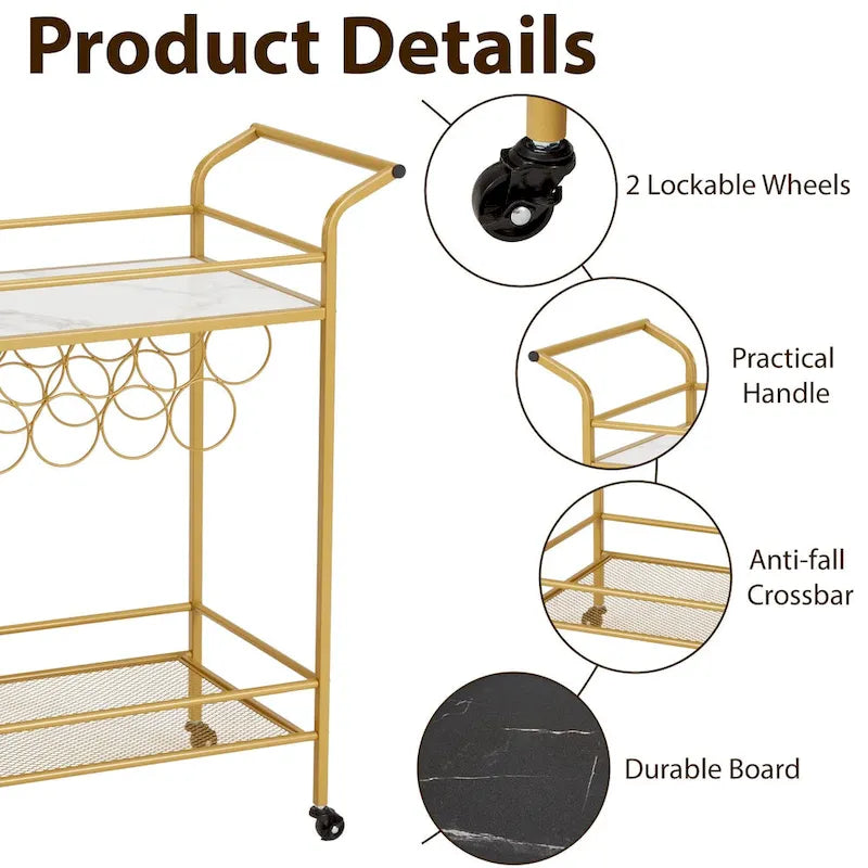 Carrello Bar Oro con Ruote, Carrello Portabevande su Ruote con Portabottiglie e Portabicchiere
