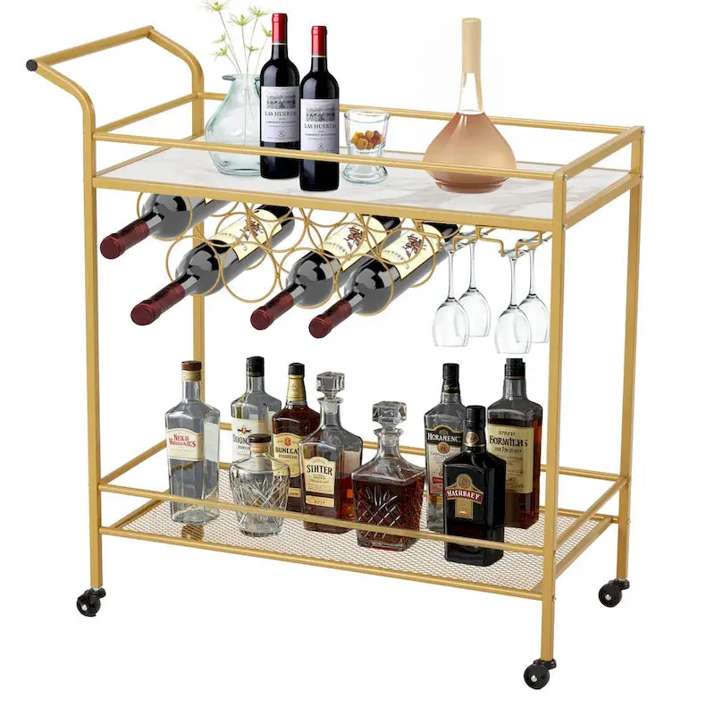 Carrello Bar Oro con Ruote, Carrello Portabevande su Ruote con Portabottiglie e Portabicchiere