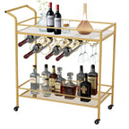 Carrello Bar Oro con Ruote, Carrello Portabevande su Ruote con Portabottiglie e Portabicchiere