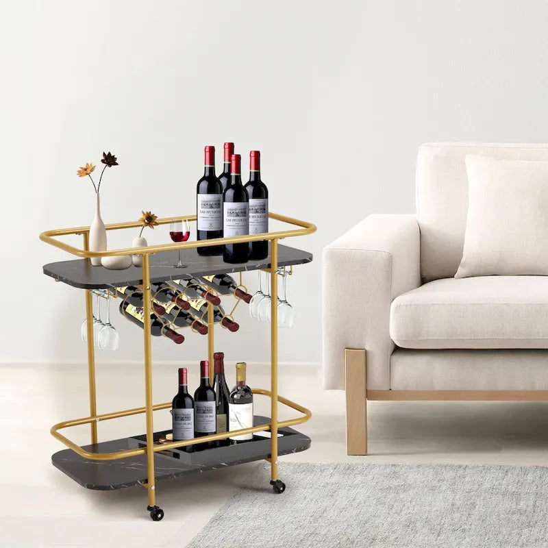 Carrello Bar Oro con Ruote, Carrello Portabevande su Ruote con Portabottiglie e Portabicchiere