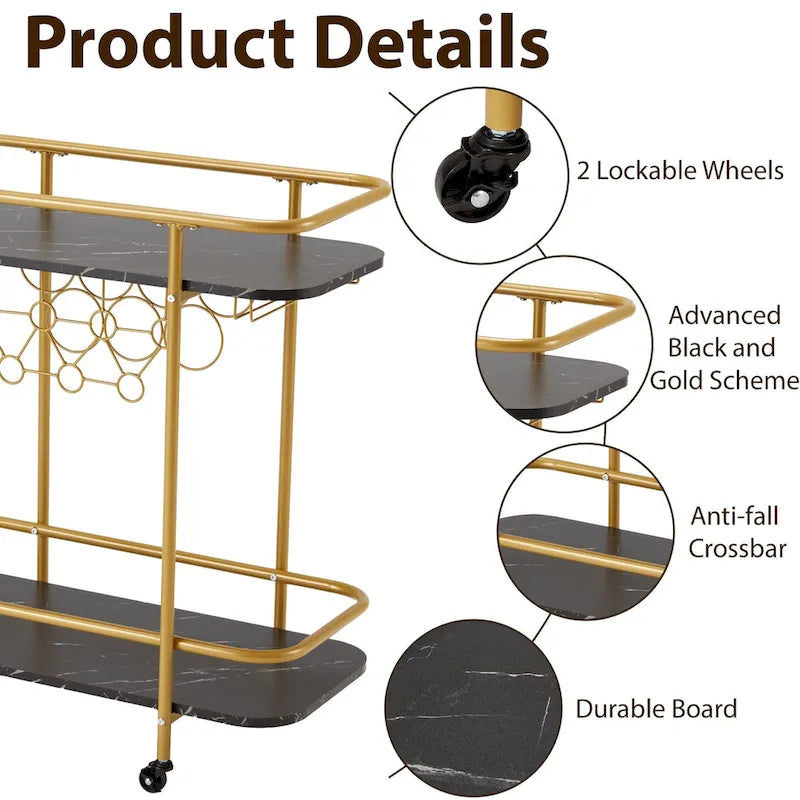 Carrello Bar Oro con Ruote, Carrello Portabevande su Ruote con Portabottiglie e Portabicchiere
