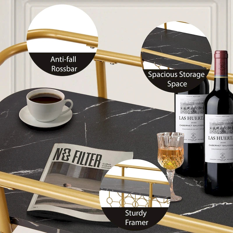 Carrello Bar Oro con Ruote, Carrello Portabevande su Ruote con Portabottiglie e Portabicchiere