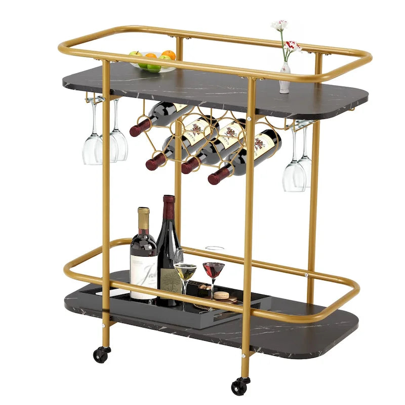 Carrello Bar Oro con Ruote, Carrello Portabevande su Ruote con Portabottiglie e Portabicchiere