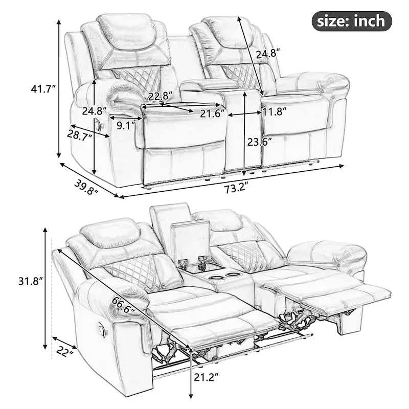 Divanetto Reclinabile Manuale Home Theater con Contenitore a Scomparsa