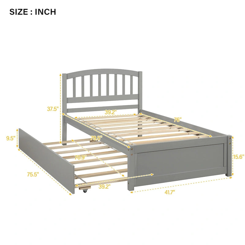 Letto a piattaforma in legno grigio, una piazza e mezza, con letto estraibile