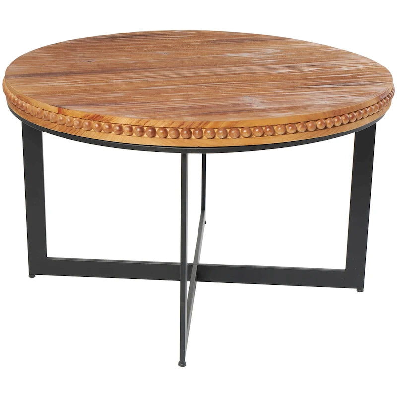 Wood Beaded Coffee Table with Metal X-Shaped Base - Brown - Roche River Decor - 30Wx30Lx16H