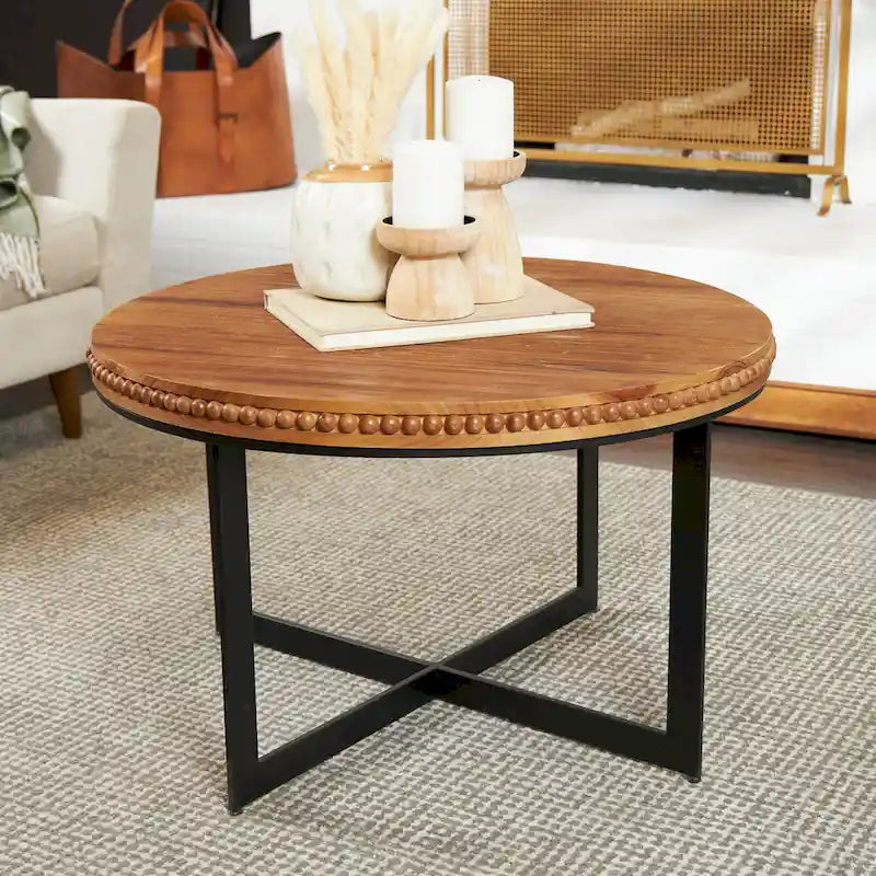 Tavolino da Caffè con Perle di Legno e Base a X in Metallo