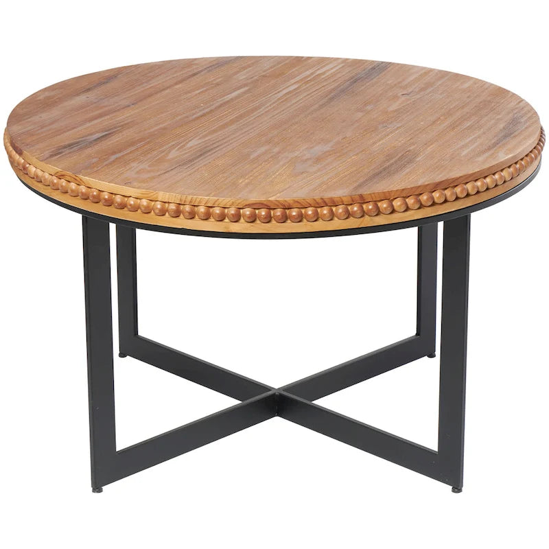 Tavolino da Caffè con Perle di Legno e Base a X in Metallo