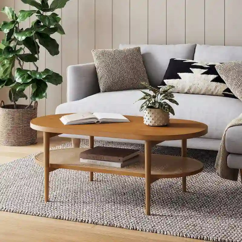 Tavolino da caffè ovale a 2 ripiani in canna stile Bohemien