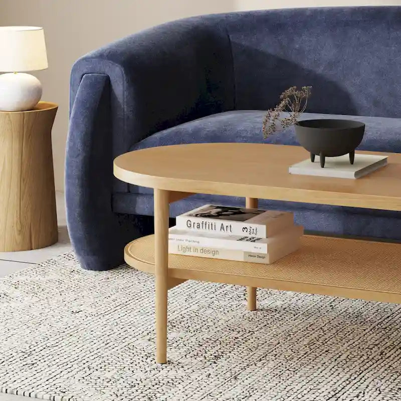 Tavolino da caffè ovale a 2 ripiani in canna stile Bohemien