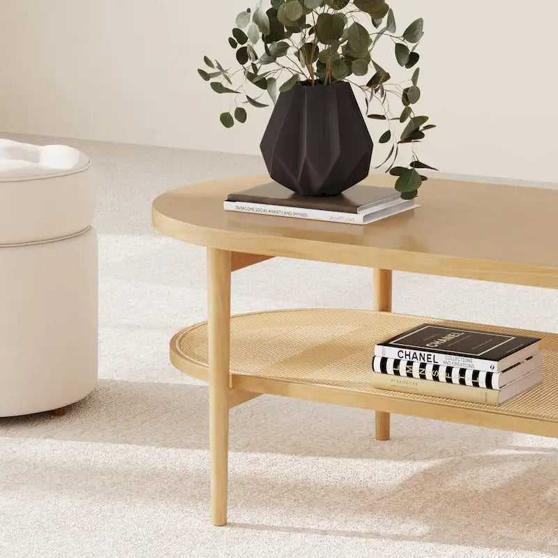 Tavolino da caffè ovale a 2 ripiani in canna stile Bohemien