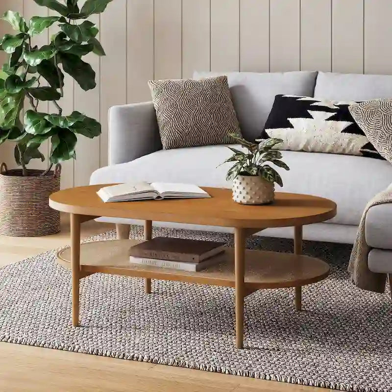 Tavolino da caffè ovale a 2 ripiani in canna stile Bohemien