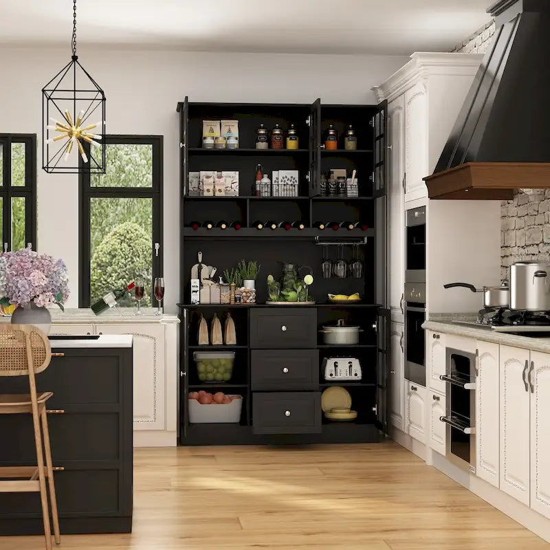 79Credenza da cucina con ante in vetro, mobile buffet laccato