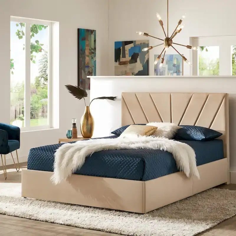 Letto a piattaforma con testiera a V e contenitore