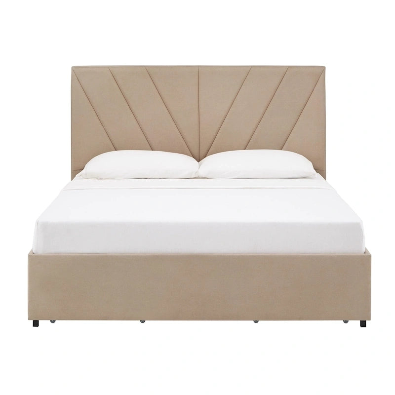 Letto a piattaforma con testiera a V e contenitore