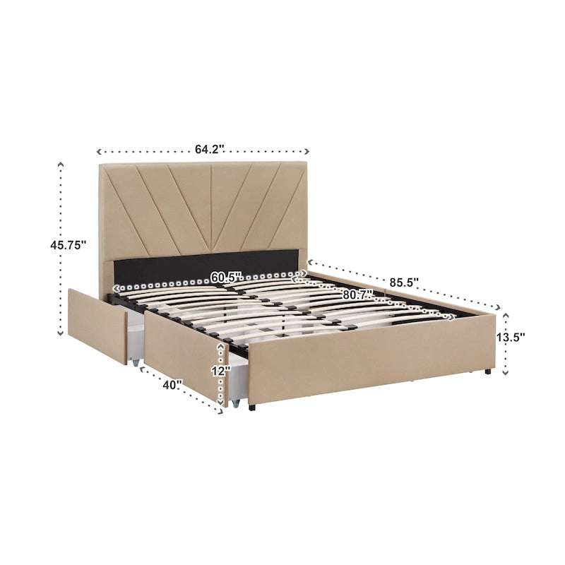 Letto a piattaforma con testiera a V e contenitore