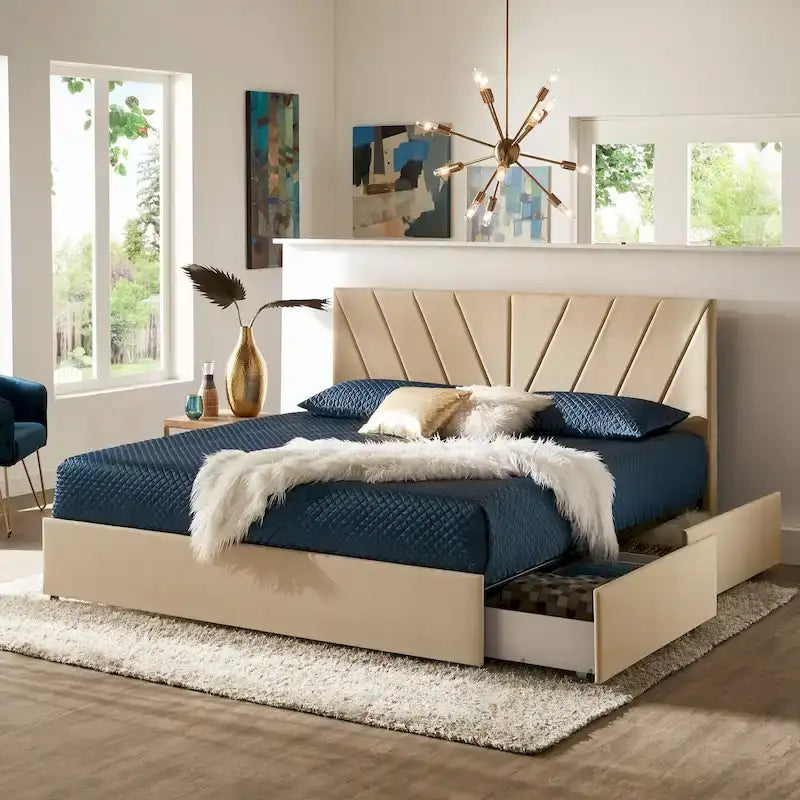 Letto a piattaforma con testiera a V e contenitore