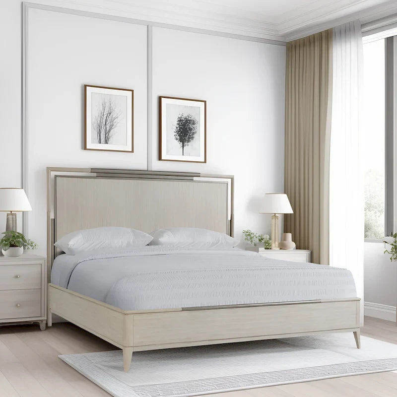 Letto a pannelli in legno massiccio con struttura in metallo, color Champagne