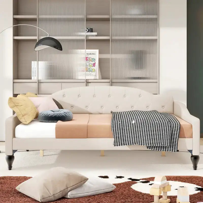 Letto a giorno imbottito capitonné, matrimoniale, beige