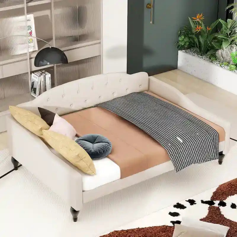 Letto a giorno imbottito capitonné, matrimoniale, beige