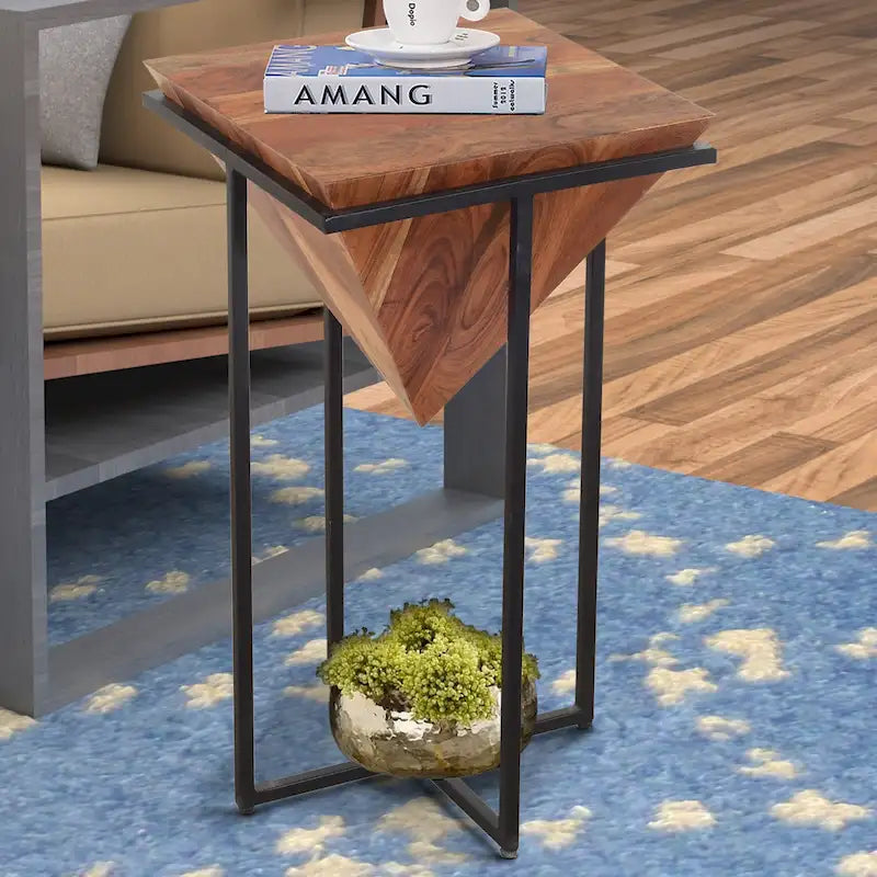 Ida 26 Inch Pyramid Shape Acacia Wood Side Table With Cross Iron Base, Brown and Black