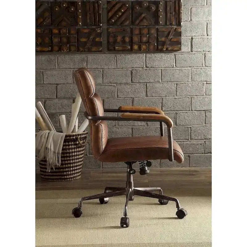Sedia da ufficio direzionale, in pelle pieno fiore marrone stile retrò