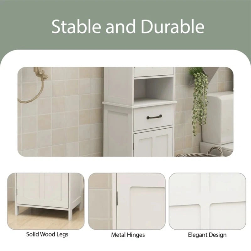 64.96 Mobiletto Contenitore Alto Stretto, Mobile da Bagno Sottile da Terra Indipendente con Due Ante per Bagno, Bianco