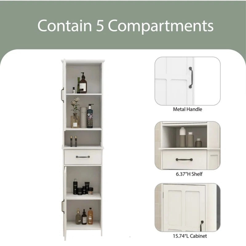 64.96 Mobiletto Contenitore Alto Stretto, Mobile da Bagno Sottile da Terra Indipendente con Due Ante per Bagno, Bianco