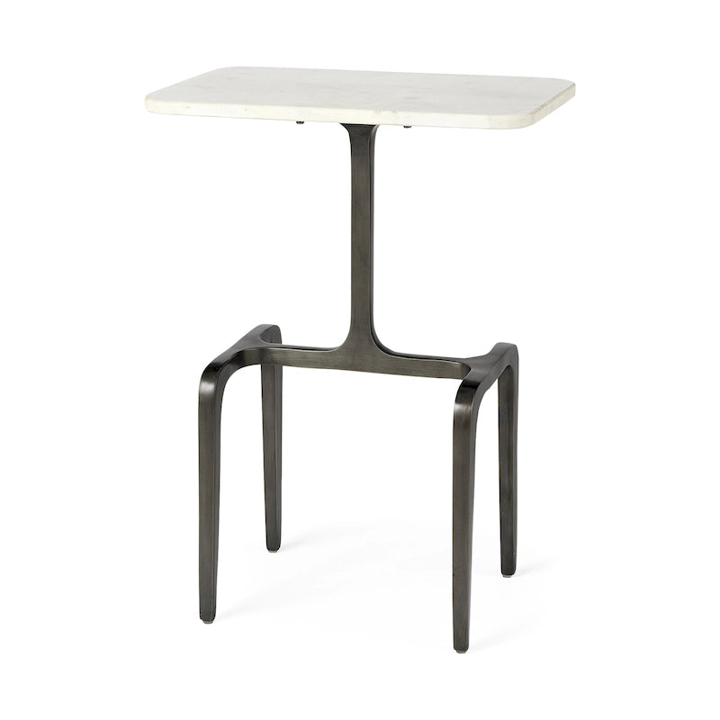 Tavolino rettangolare con piano in marmo bianco e base in metallo dorato