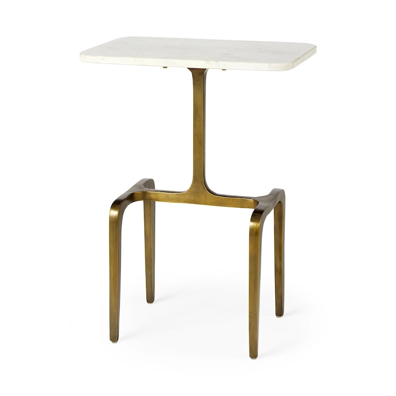 Tavolino rettangolare con piano in marmo bianco e base in metallo dorato