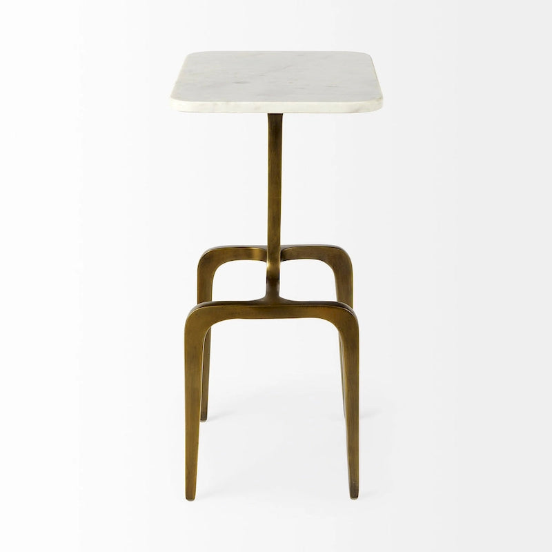 Tavolino rettangolare con piano in marmo bianco e base in metallo dorato