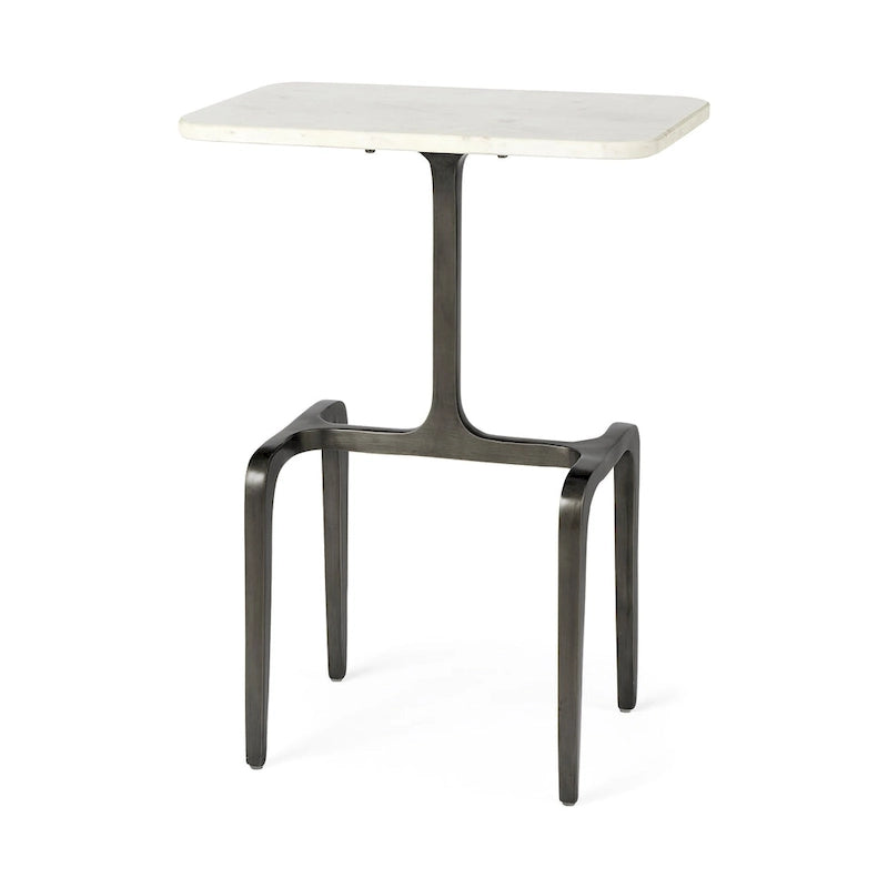 Tavolino rettangolare con piano in marmo bianco e base in metallo dorato