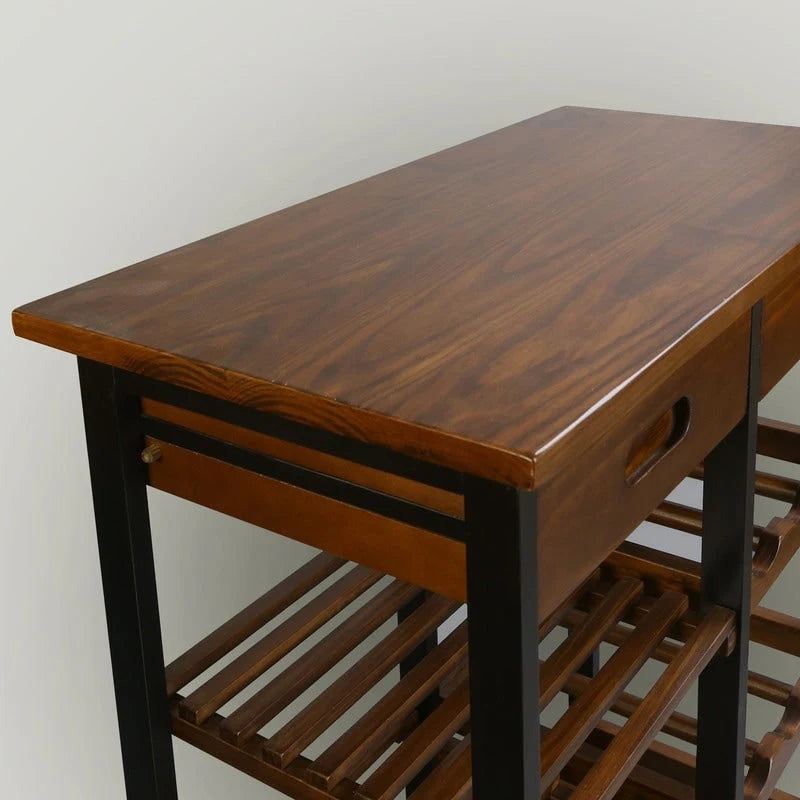 Carrello da Cucina a 4 Ripiani in Legno Massello con Portabottiglie e Cassetto