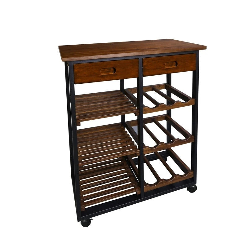 Carrello da Cucina a 4 Ripiani in Legno Massello con Portabottiglie e Cassetto